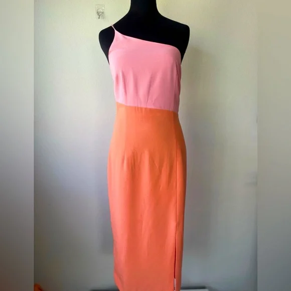 NEW Petal & Pup Xiomar One Shoulder Midi Dress Orange Pink Size US 8 Cocktail - Picture 1 of 11